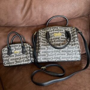 Juicy Couture Black and Cream Script Logo Satchel with Mini Pouch